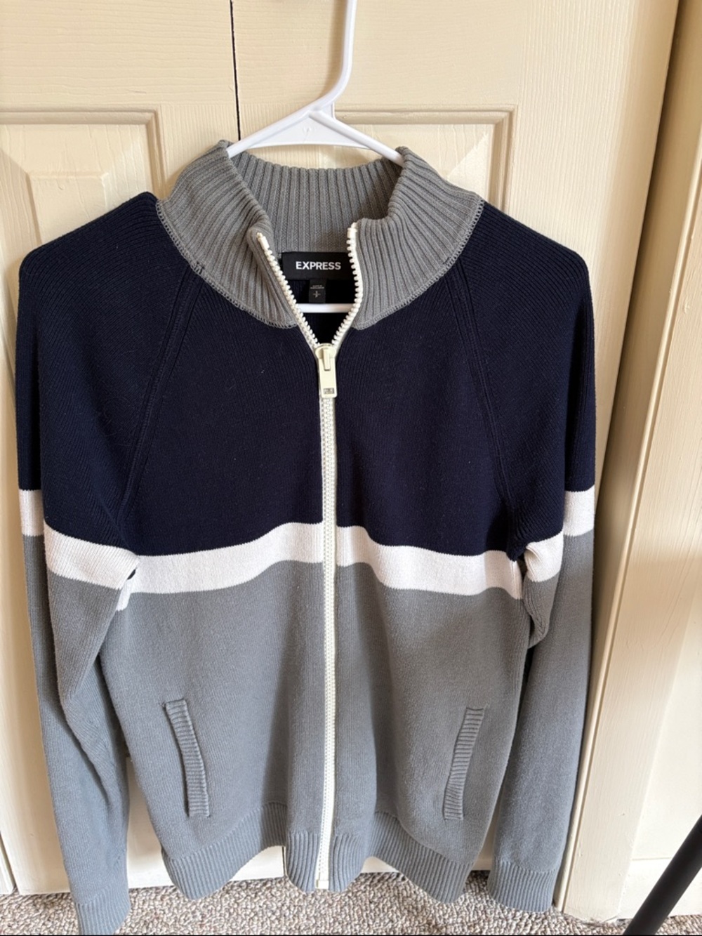 Express Men’s Navy, Gray and White Zip-Up Sweater Jacket